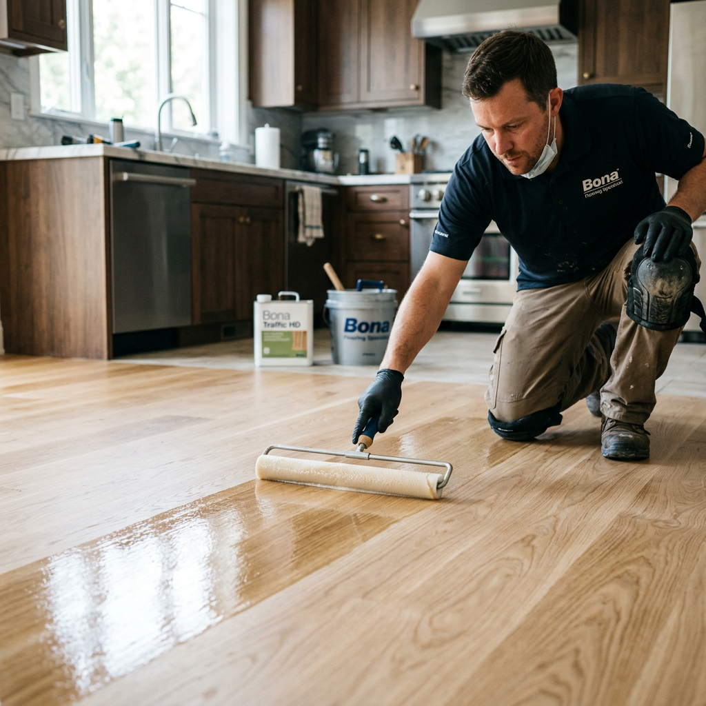 Tradesman applying Bona Traffic HD lacquer to a kitchen wood floor in Wimbledon