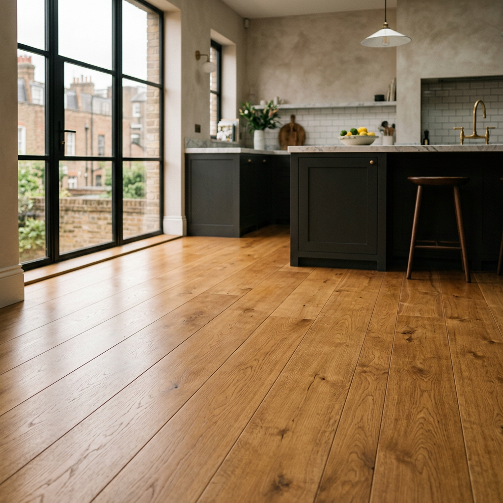 Finished oak kitchen floor in a Wimbledon urban townhouse