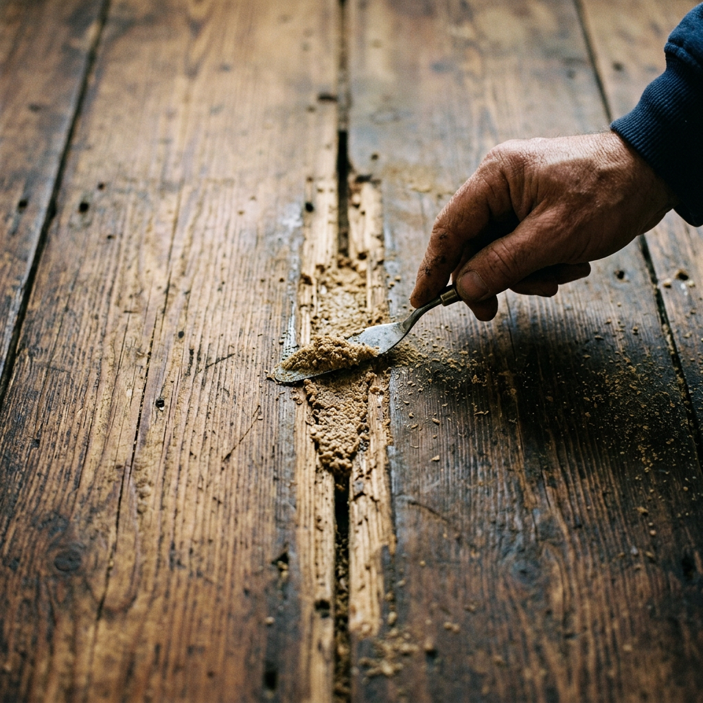 Macro shot of gap filling between Victorian pine floorboards using resin-bonded sawdust
