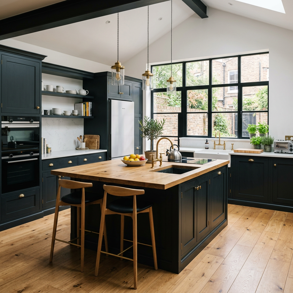 Modern UK kitchen in Wimbledon with oak island worktop and oak floors