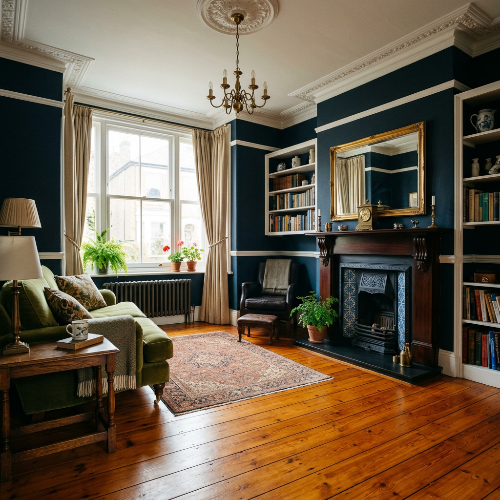Restored Victorian living room in Wimbledon with amber-toned pine floors