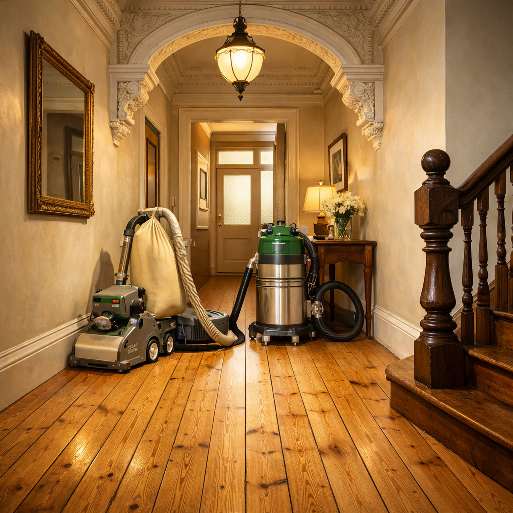 Victorian hallway in Wimbledon with original pine floorboards and professional sanding setup